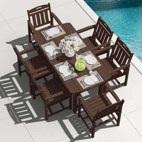Vista 18 de Mesa de comedor rectangular para exteriores, mesa de polietileno de alta densidad resistente para 6, mesa de patio resistente a la intemperie