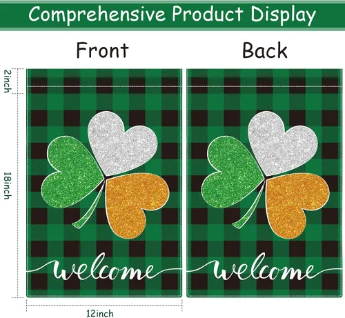 Vista 3 de Boao Bandera de jardín del día de San Patricio, trébol de gnomo de 18 x 12 pulgadas, bandera de jardín de trébol verde irlandés, bandera de jardín