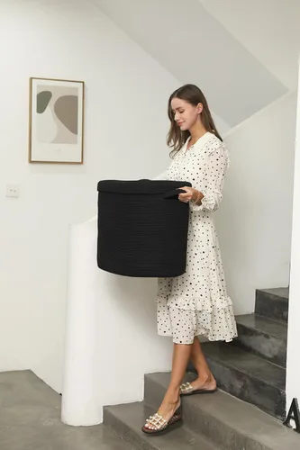 Vista 3 de Cesta rectangular extragrande de cuerda de 22 x 14 x 18 pulgadas con tapa, cesta decorativa de almacenamiento de mantas, baúl de algodón con funda