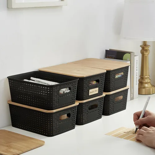 Vista 7 de Bagnizer Contenedores pequeños de plástico con tapas de bambú de 5.2 cuartos de galón, cesta apilable para despensa, contenedores decorativos lindos