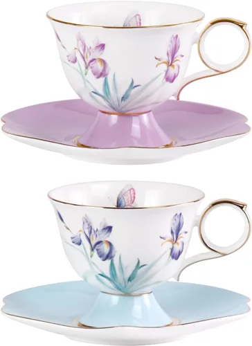 Vista 15 de KAMMAK Juego de 2 tazas de café de cerámica, tazas de café de porcelana con platillos, 6.52 onzas hechas a mano, elegante taza de té de porcelana