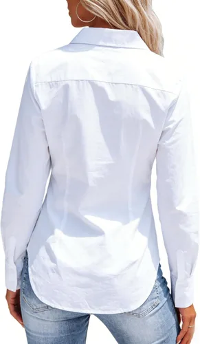 Vista 2 de Camisas con botones para mujer, camisas de vestir de manga larga, sin arrugas, cuello para el trabajo, oficina, blusas sólidas, blusas ajustadas