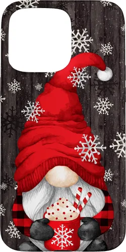 Vista 30 de iPhone 14 Pro Gnomo de Navidad rojo para mujeres con taza de cacao caliente lindo estuche de Navidad