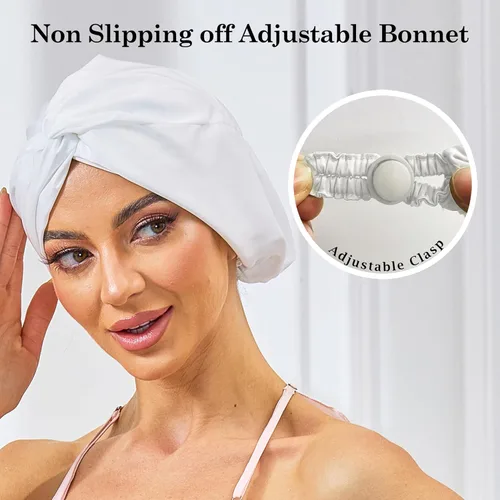 Vista 74 de Gorro de satén de seda ajustable para envolver el cabello para dormir, gorro de dormir de doble capa, turbante nocturno para cabello largo y rizado