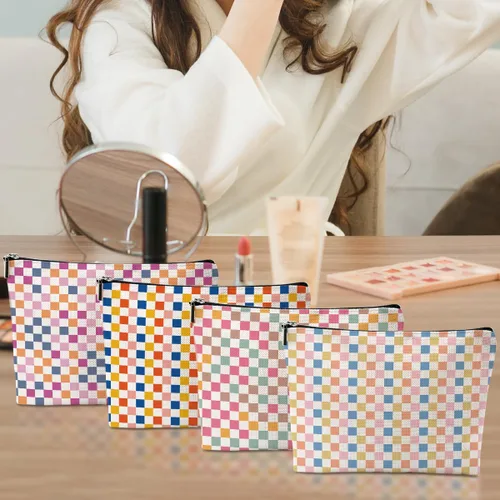 Vista 5 de Bolsa de maquillaje a cuadros retro colorida para mujeres, hermana, amiga, Navidad, cumpleaños, Cuadros 1250
