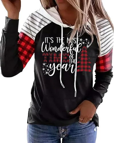 Vista 11 de LLHXRUI Sudadera de Navidad con diseño de árbol a cuadros y rayas para mujer, camiseta con bolsillo con capucha, manga larga, bloque de color Como
