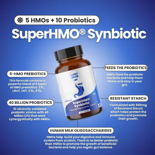 Vista 4 de SuperHMO: Cápsulas Sinbióticas con 5 Prebióticos HMO y 40 mil millones de probióticos CFU - Bifidobacterias y Lactobacillus, 60