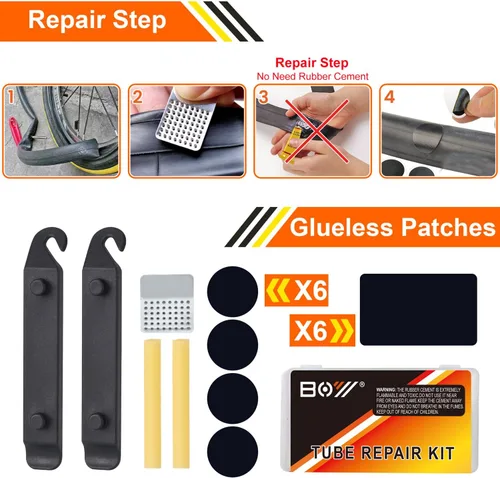 Vista 4 de Bolsa de reparación de bicicletas con bomba de neumáticos, kit de herramientas portátil para viajes de campamento, parches sin pegamento, artículos