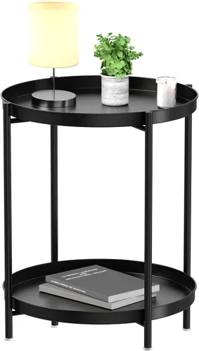 Vista 11 de EKNITEY - Mesa auxiliar pequeña de metal, mesa lateral impermeable para sofá pequeño, mesas de café para dormitorio, interior y exterior, con verde