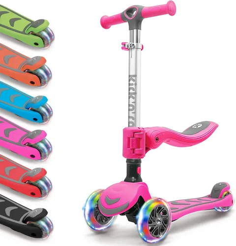 Vista 10 de Kicknroll Toddler Scooter for Kids with Seat Light up 3 Wheels Scooters Foldable Seat, Adjustable Height, Extra Wide Deck, Rear Foot Brake, Max