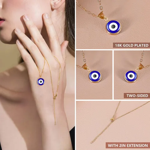 Vista 8 de VIBILIA Collar contra el mal de ojo con dije de amuleto de tercer ojos azules, delicado collar de cadena de oro Ojo con protección de Cabalá