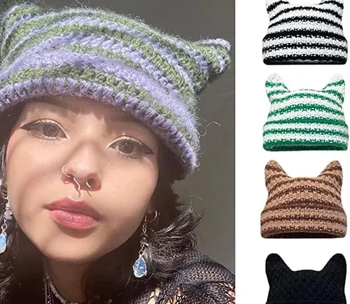 Vista 5 de Gorro de gato con orejas para mujer, gorros holgados para mujer, accesorios grunge, sombreros de ganchillo