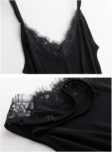 Vista 4 de Camisola de encaje de seda 70% para mujer con cuello en V profundo Negro