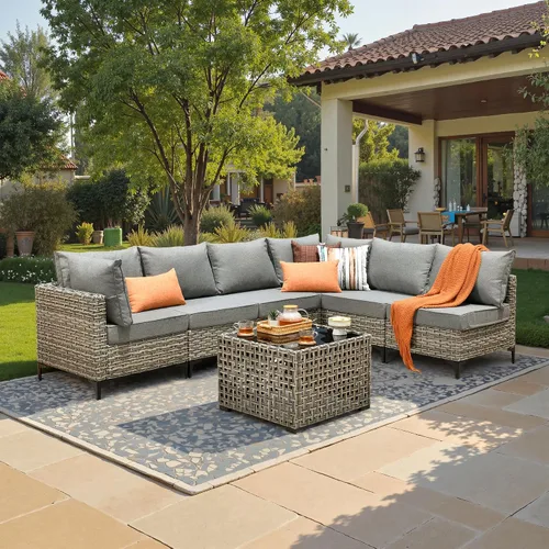 Vista 51 de ovios Muebles de patio de 8 piezas con hoguera, juego de conversación de mimbre de ratán para exteriores con mesa de centro brillante, cómodo sofá