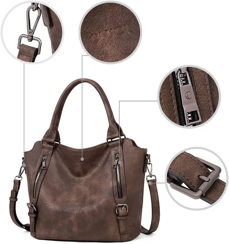 Vista 6 de CLUCI - Bolsos de cuero vegano para mujer, bolso grande y de hombro tipo hobo 00-café oscuro