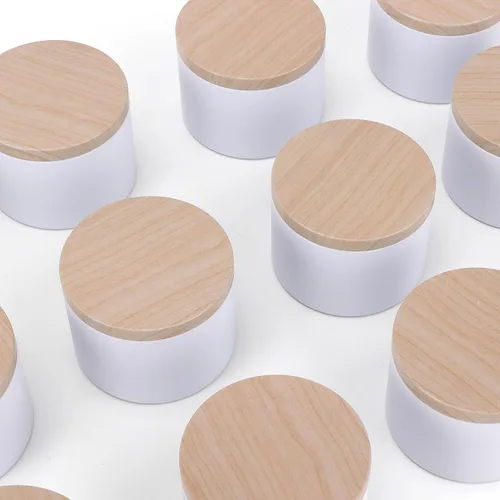 Vista 7 de 24 latas de velas blancas de 8 onzas con tapas de impresión de grano de madera de metal. Tarros de velas, latas de velas a granel para hacer velas