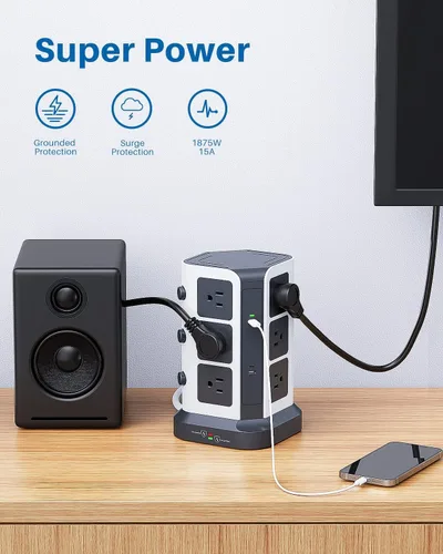 Vista 5 de KOOSLA - Tira de alimentación de torre con 2 USB C, protector de sobretensiones de 1500J con 12 tomas y 5 USB (1875W/15A), cable de extensión de 5