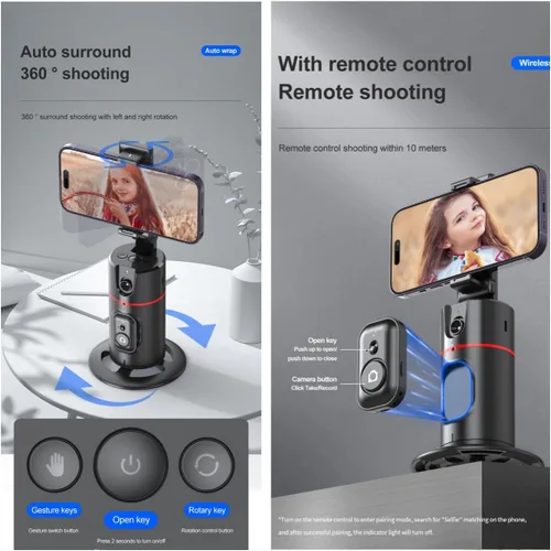Vista 4 de Control remoto de trípode de seguimiento automático de cara, soporte de teléfono de seguimiento inteligente, montaje de cámara de teléfono de 360°