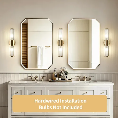 Vista 7 de Lámpara de tocador moderna de latón cepillado, 1 unidad, aplique de pared de doble varilla de vidrio para baño, base de candelabro E12 de doble
