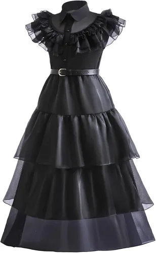Vista 2 de LZH Wednesday Addams Costume Dress For Girls Kids Cosplay Addams Dress Up Halloween Costume With Wigs Belt Earrings