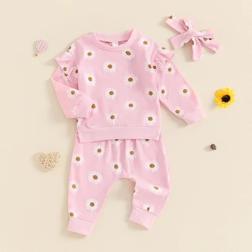 Vista 2 de Douhoow Conjunto de bebé niña con estampado de flores, sudadera con cordón y pantalones de otoño e invierno