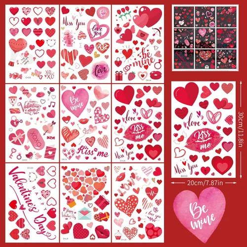 Vista 6 de 9 hojas de calcomanías para ventana del día de San Valentín, calcomanías de doble cara para ventana, diseño de labios rojos con corazón rosa