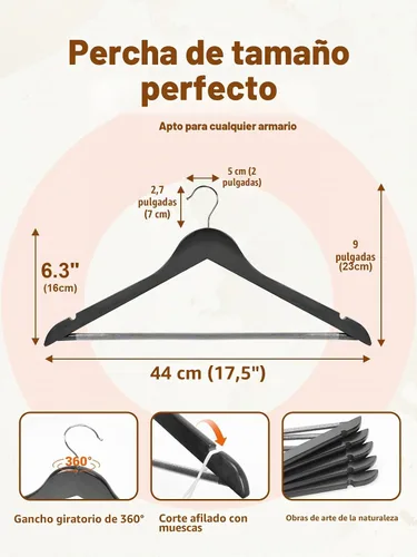Vista 8 de HOUSE DAY - Paquete de 10 perchas de madera negra, percha de madera maciza con barra antideslizante para pantalones, percha de abrigo de madera Negro