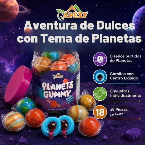 Vista 2 de Apexy Mixed Planets - Dulces Gomosos con Centro Líquido Afrutado Sin Grasa, Divertidos y Deliciosos Dulces Temáticos del Espacio Ideales