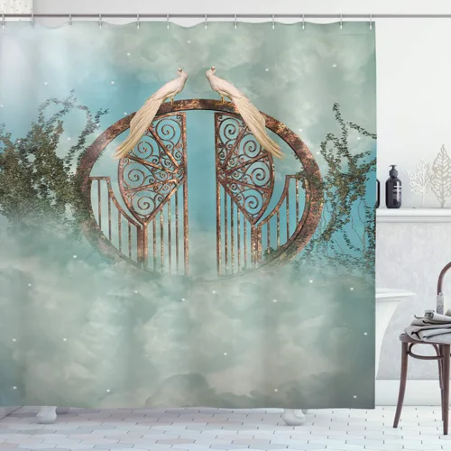 Vista 134 de set de cortina para baño decorativa de tela de poliéster con ganchos