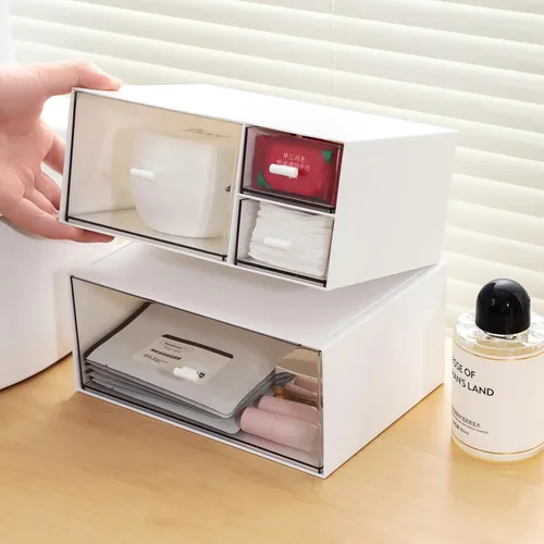 Vista 6 de MILULUGO Organizador de escritorio con 4 cajones, organizador de maquillaje, caja de almacenamiento de escritorio, caja de almacenamiento