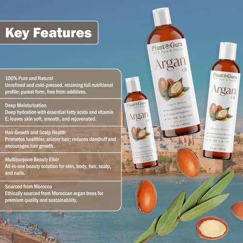 Vista 4 de Plant Guru Aceite de argán de 16 onzas líquidas Virgen de Marruecos, prensado en frío, 100% natural, estimula el crecimiento del cabello, la piel