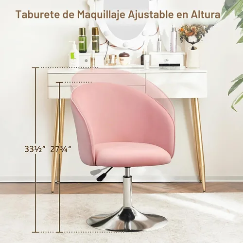 Vista 2 de Furnimart Silla de Tocador de Terciopelo con Marco de Cromo, Altura Ajustable y Giratoria, Rosa - Sala de Estar, Dormitorio, Oficina Terciopelo