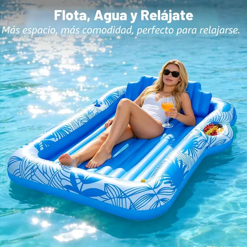 Vista 4 de Flotador inflable de 78 x 50 pulgadas para piscina con aspersor, flotadores de piscina extra grandes para adultos con almohada 6 en 1, flotador