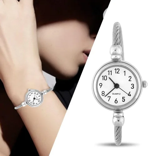 Vista 2 de FILFEEL Relojes para mujer, reloj de pulsera abierto analógico redondo de cuarzo con correa de aleación de cuarzo (disco blanco digital), Disco