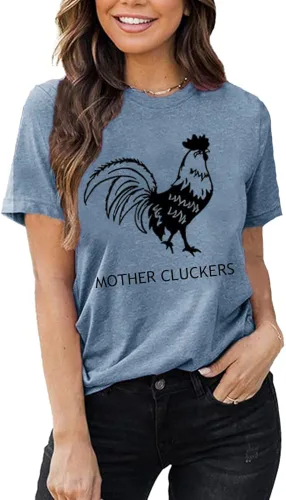 Vista 2 de Camisetas con estampado de pollo para mujer, con estampado de letras, manga corta, estilo campestre, estilo casual