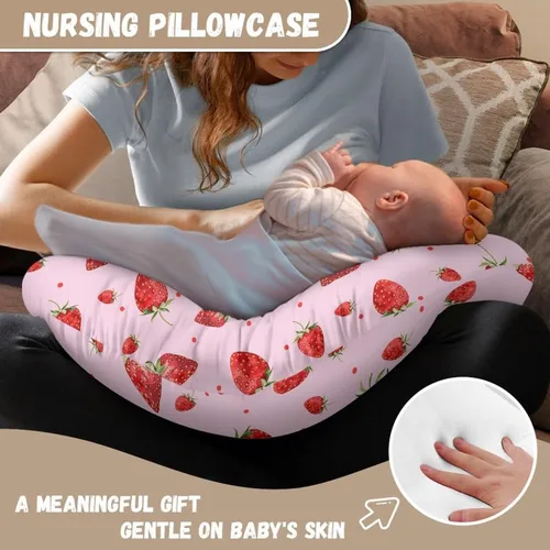 Vista 6 de Funda de almohada de lactancia materna en forma de U con forma de fresa rosada para madres que amamantan, linda funda de almohada suave de frutas
