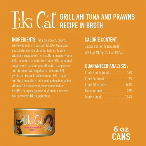 Vista 4 de Tiki Cat Grill - Alimento húmedo bajo en carbohidratos con mariscos enteros en caldo para gatos y gatitos adultos, 6 onzas, 8 unidades, atún y gambas