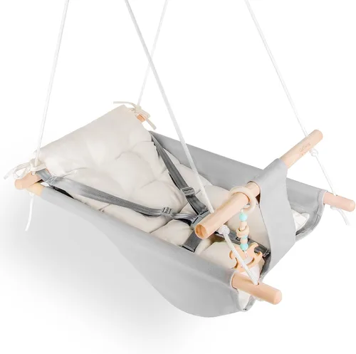 Vista 10 de Columpio para bebé interior y exterior, hamaca de lona para bebé a niño pequeño con asiento cómodo, juguete de madera Macaroon, arnés ajustable de 5
