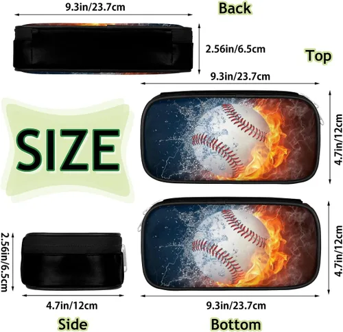 Vista 3 de Estuche de cuero blanco de béisbol 3D para lápices, organizador de papelería de gran capacidad, bolsa para lápices con agua y fuego para niños