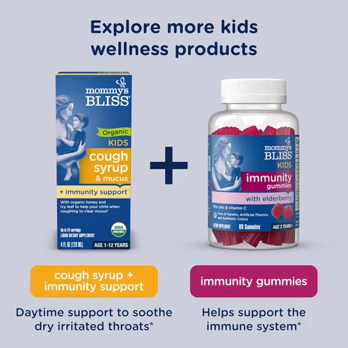 Vista 7 de Mommy's Bliss Jarabe orgánico para la tos y alivio de la mucosidad para niños, agave y miel, hoja de hiedra, zinc, vitamina C, jarabe para la tos