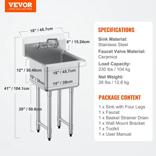 Vista 7 de VEVOR Fregadero de acero inoxidable para preparación y utilidad, fregadero pequeño de pie con 1 compartimento, incluye grifo y patas, fregaderos