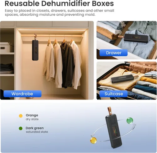 Vista 7 de Deshumidificadores para baño con bolsa absorbente de humedad reutilizable, tanque de agua de 68 onzas, deshumidificador silencioso portátil