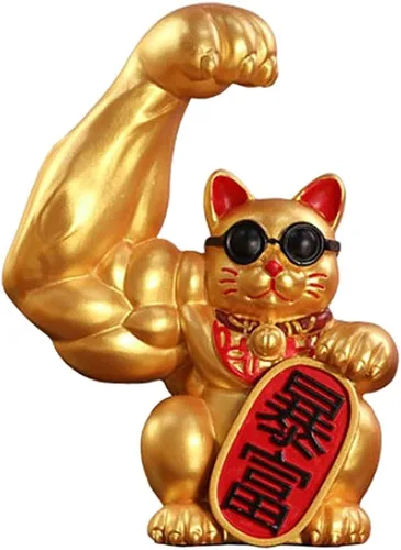 Vista 7 de Fenteer Figura de gato de la suerte con brazo muscular, escultura de gato de la fortuna de resina, 2.76 x 1.57 x 3.94 pulgadas, decoración de Año