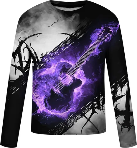 Vista 4 de Muscularfit Camisas para hombre, manga larga, estilo casual, estilo fresco, con estampado de guitarra, pulóver, hip hop, cuello redondo, sudadera a