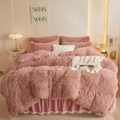 Vista 16 de Juego de funda de edredón beige peludo tamaño individual, juego de ropa de cama individual de piel sintética beige de 2 piezas