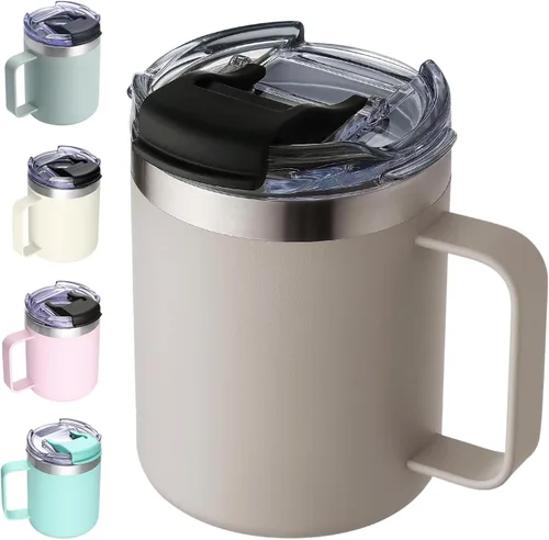 Vista 18 de Taza de café aislada de 12 onzas con asa, taza de café de viaje de acero inoxidable con tapa abatible, vaso de café de doble pared con aislamiento