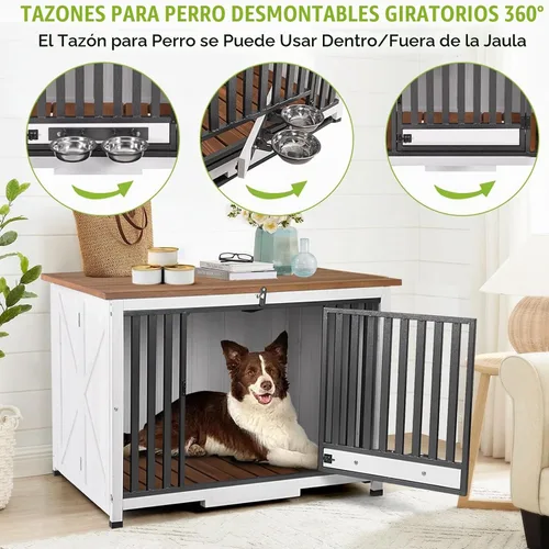Vista 3 de Muebles plegables para perros de 39.4 pulgadas, mesa auxiliar grande con cuencos extraíbles giratorios de 360°, perrera interior para perros