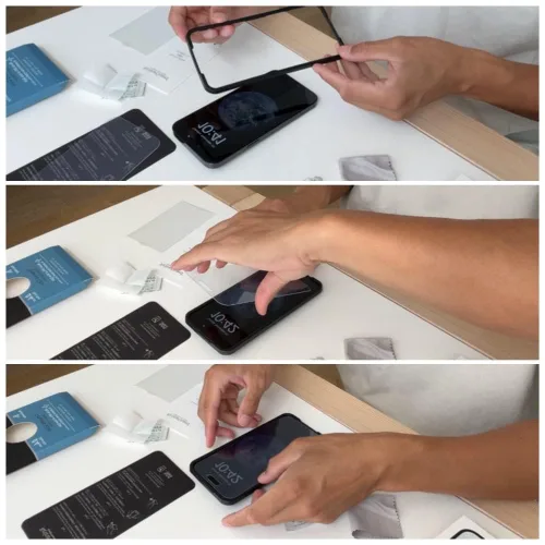 Vista 3 de Protector de pantalla de vidrio templado antiluz azul con iones plateados para iPhone 14 Pro Max, probado por SGS e Intertek, bloquea la luz azul