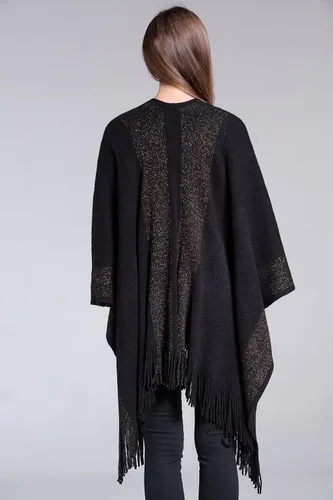 Vista 5 de ZLYC - Abrigo de mujer con bordes dorados, tipo cobija tejida. Poncho con flecos
