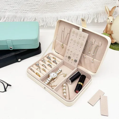 Vista 5 de Joyero de viaje, mini organizador portátil con cremallera, de piel sintética sintética, pequeñas cajas de almacenamiento para anillos, aretes